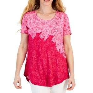 JM Collection Floral Print Tunic Top Short Sleeve Casual Pink Size L